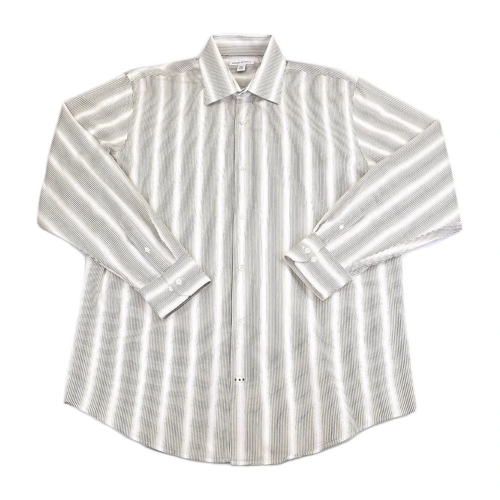 Banana Republic Mens Large Vertical Brown Striped Non Iron Slim Fit Dress Shirt